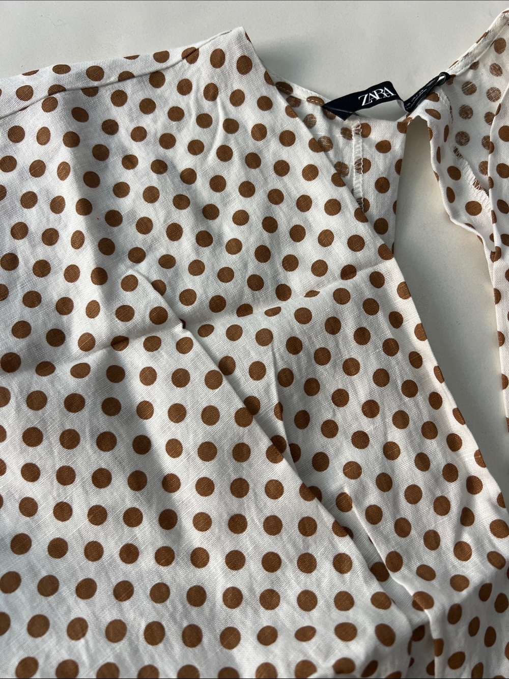 ZARA Linen Blend Polka Dot Crop Deep V Neck Tie Back Blouse Top White Mustard M - Picture 6 of 8